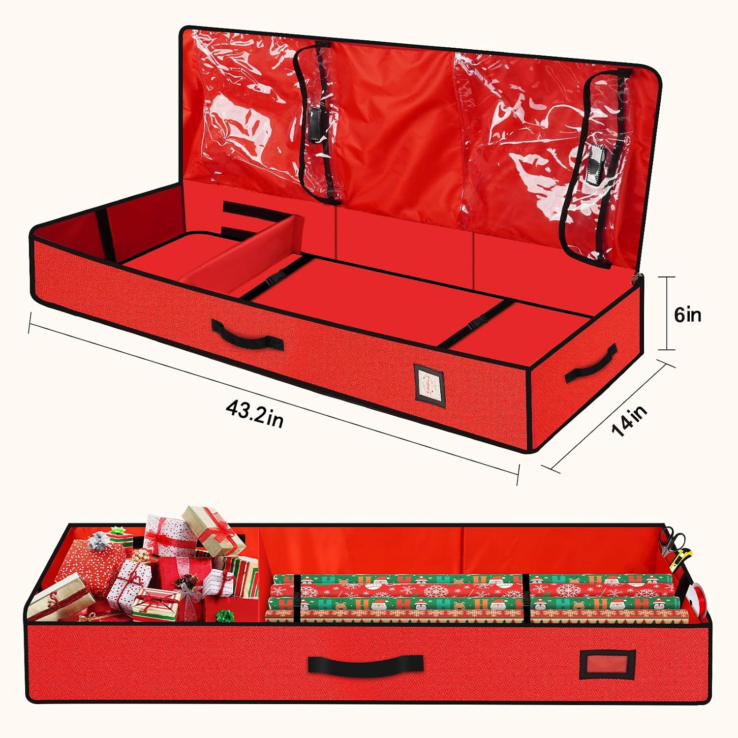 HikooLSS Wrapping Paper Organizer Storage Container 600D Heavy Duty (Red) | Tear Proof for Holiday Christmas Gift Wrapping Storage with Flexible Partitions Storage Container for Ribbon, Accessories