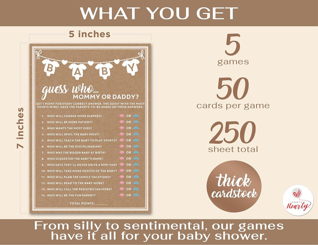 Party Hearty Baby Shower 5 Game Pack, Premium Thick Cardstock - Kraft | 5 Classic Baby Shower Games, 250-Piece Party Pack, Perfect for Baby Showers, Simple & Fun