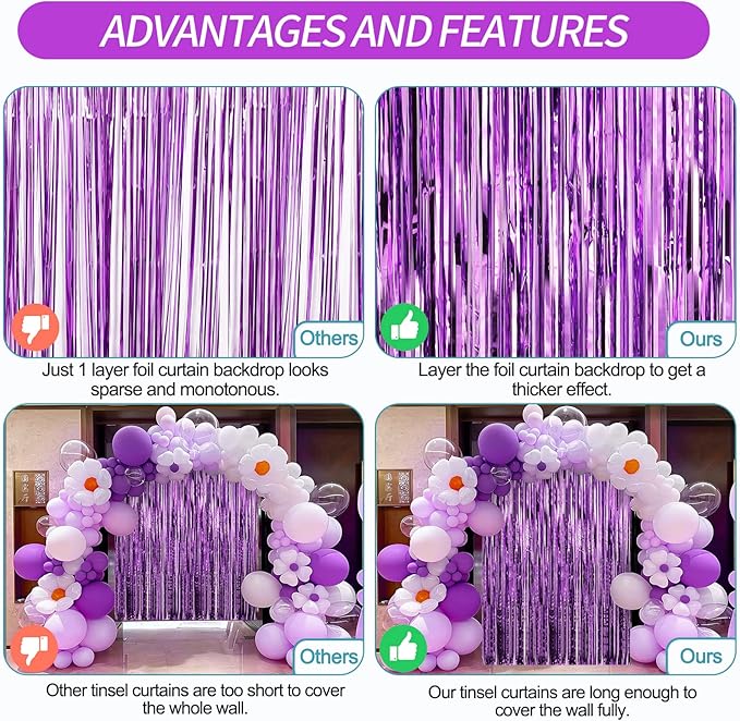 Crosize 4 Pack 3.3 x 9.9 ft Purple Foil Fringe Curtains Party Decorations, Purple Tinsel Curtain Backdrop for Parties, Door Streamers, Glitter Streamer Fringe Backdrop for Birthday Decoration