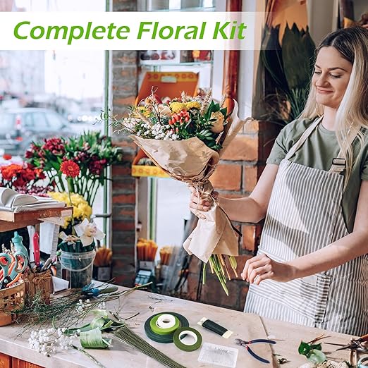 GLAMFIELDS Floral Arrangement Kit with Floral Tape, 26 Gauge Floral Stem Wire, 22 Gauge Floral Wire, Cutter, Boutonniere Flower pin for Bouquet Stem Wrapping, Floral Crafts and Wedding Bridal Bouquets