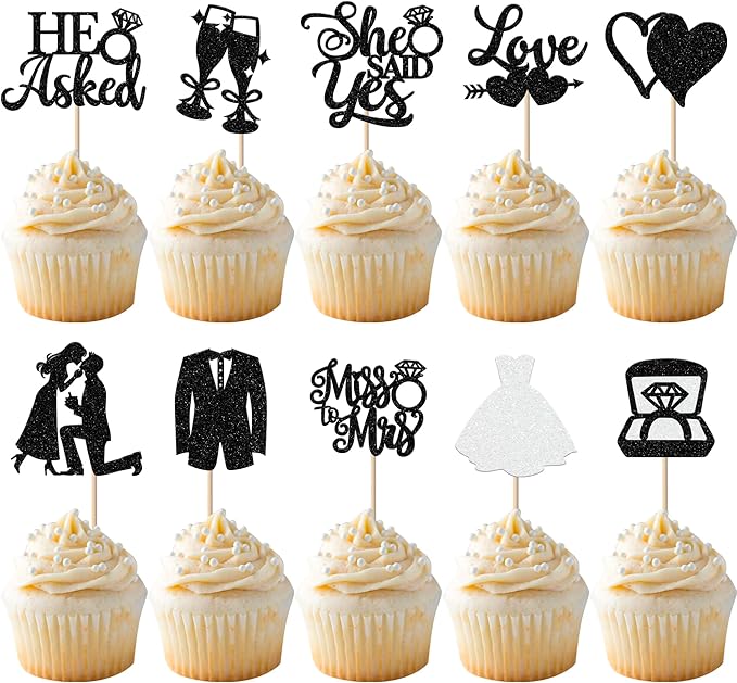 30 Pack Bride to be Cupcake Toppers Glitter Diamond Ring Love I Do Cupcake Picks Miss to Mrs He Asked She Said Yes Bridal Shower Wedding Engagement Bachelorette Cake Decorations Party Black