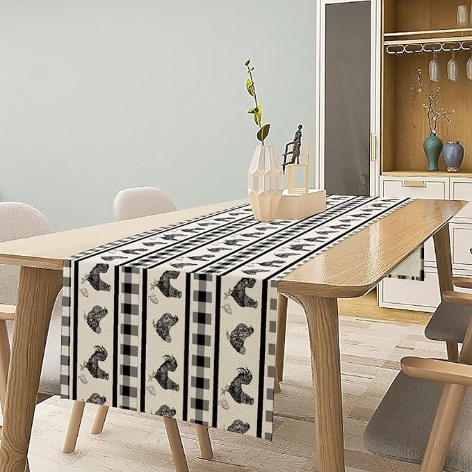 Rooster Table Runner,Farmhouse Animal Vintage Chicken Black White Plaid Check Tablecloth Burlap for Hotel Indoors Outdoor Dining Room Kitchen Home Decor,W13X L80 in