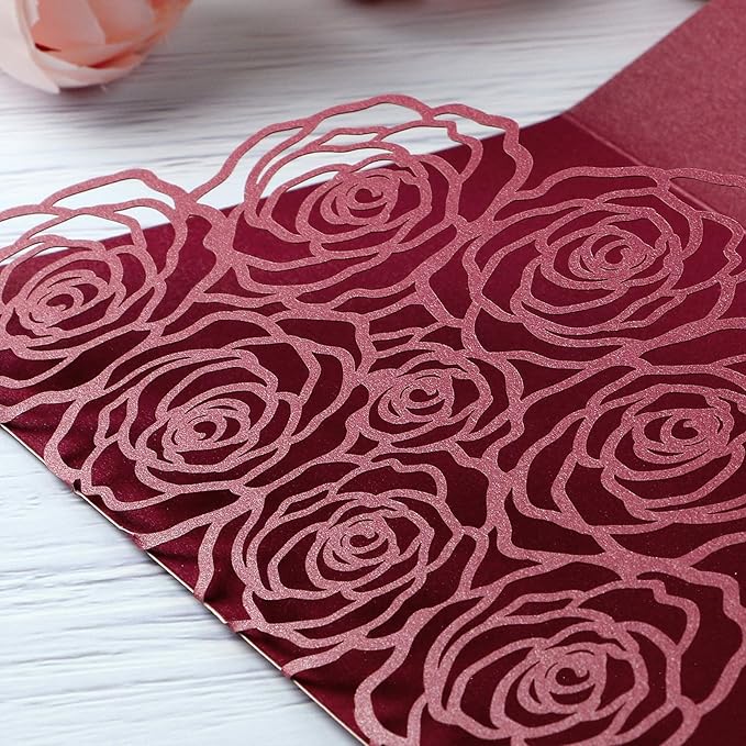 20 Pcs Laser Cut Wedding Invitations Card Pocket with Envelope for Birthday Party Baby or Bride Shower Invite suitable for 5 * 7 Inches Insert Paper (Burgundy)