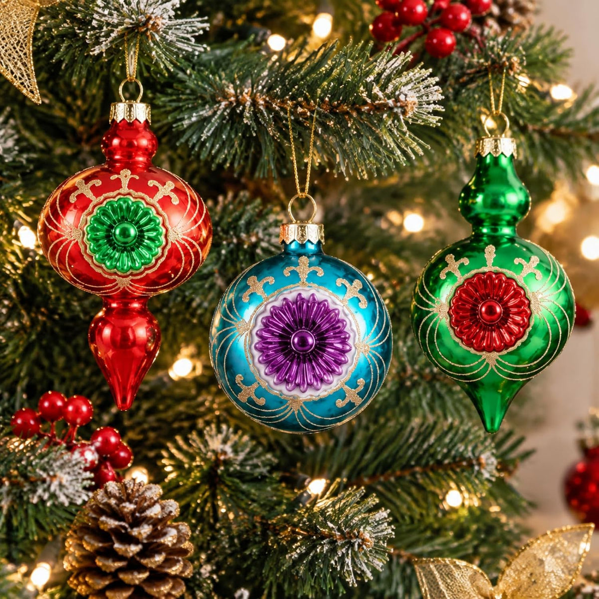 soulchen 10 pcs vintage glass christmas ornaments, glitter, close-up detail