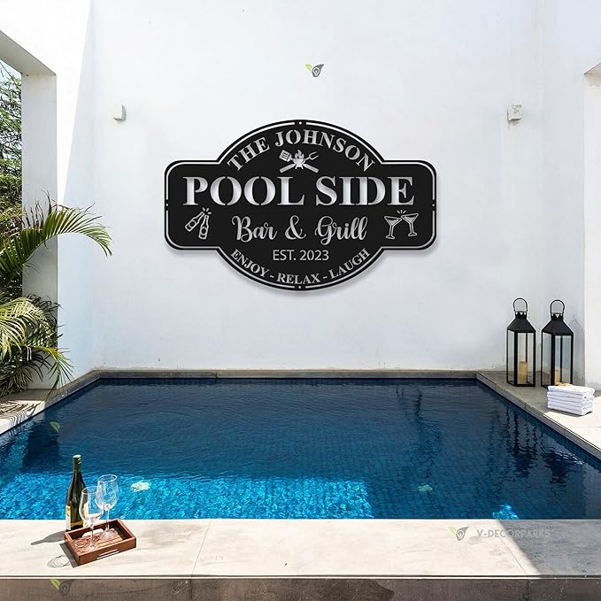 Personalized Family Poolside Sign LED Light,Swimming Pool Metal Sign,Pool Oasis Bar and Grill Metal Wall Decor,Patio Decor,Housewarming Gift