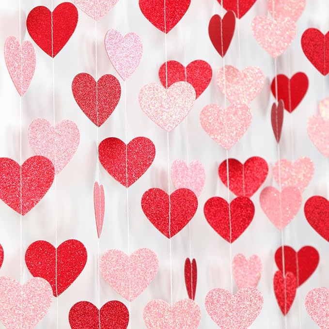 Red Pink Party-Decorations Heart Garland - 52ft Streamers Paper Banner,Proposal Anniversary Romantic Birthday Baby Shower Rustic Wedding Hanging Ornaments Decor Hugfond