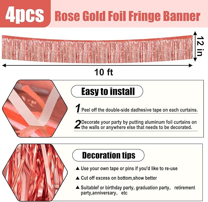 4 Pack 10 Feet Rose Gold Foil Fringe Garland Metallic Tinsel Streamers Banner Wall Hanging Curtain Backdrop for Parade Floats, Wedding, Graduate, Mother's Day, Birthday Party Decoration