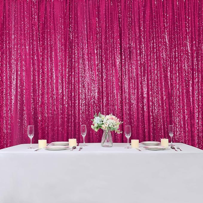 Hahuho Fuchsia Sequin Backdrop Curtain, 4PCS 2FTx8FT Glitter Backdrop Curtain for Parties, Christmas, Wedding, Party Decoration（4 Panels, 2FT x 8FT, Fuchsia