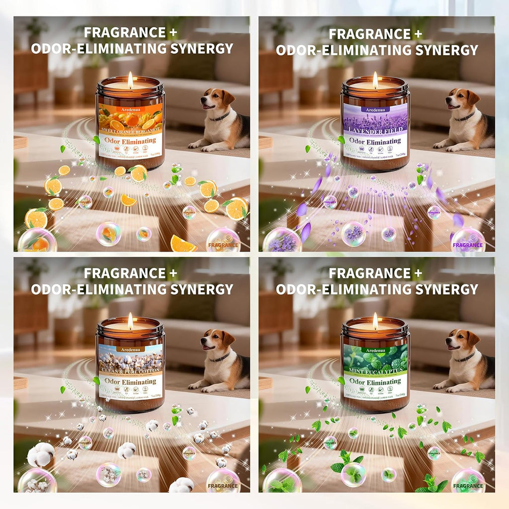 4 Pack Odor Eliminating Candles Set - Eliminates 95% of Pet, Smoke, Food, and Other Smells Quickly - Air Freshing Scent of Lavender/Orange/Mint/Cotton - 28oz Soy Candles for Home Scented, 200 Hours