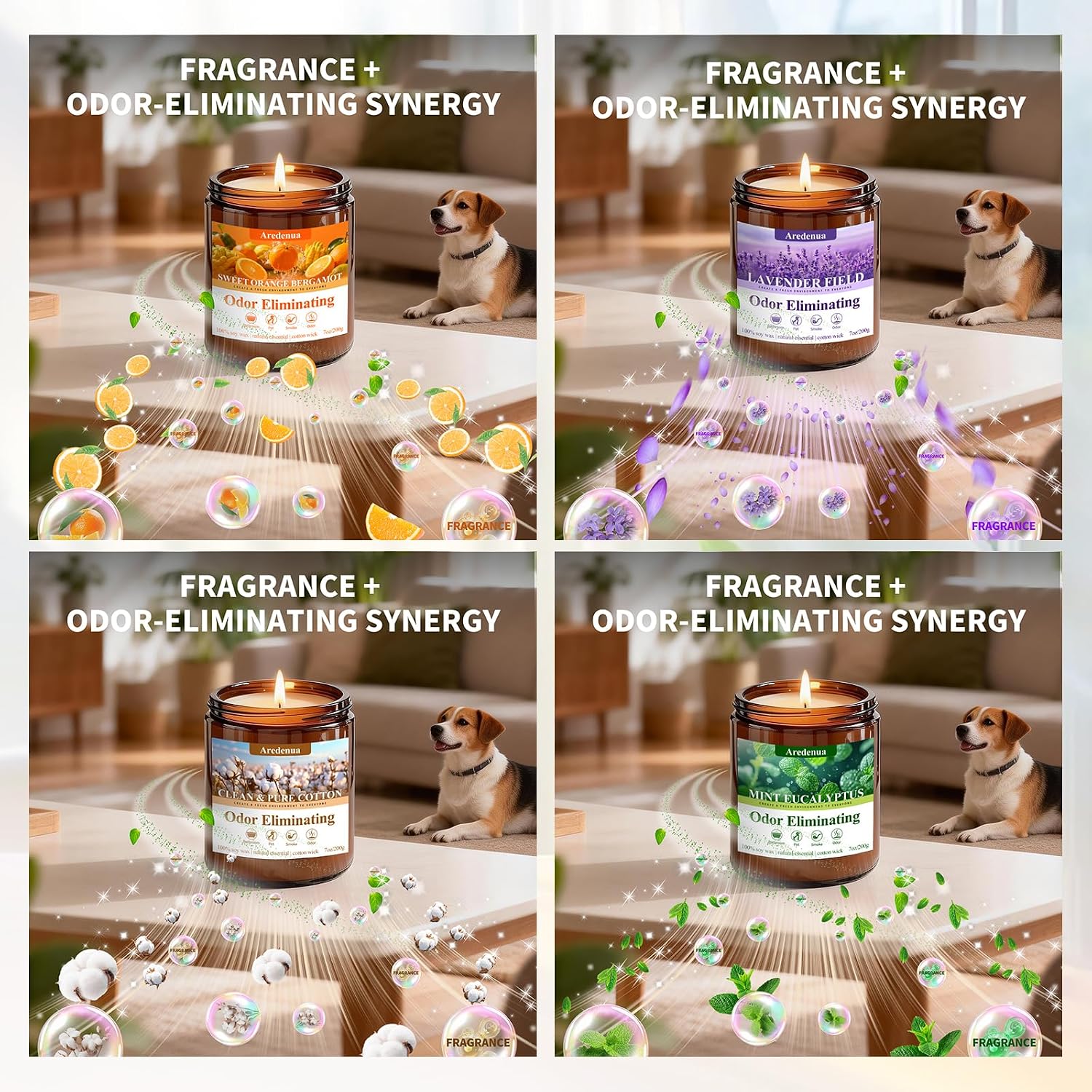 4 Pack Odor Eliminating Candles Set - Eliminates 95% of Pet, Smoke, Food, and Other Smells Quickly - Air Freshing Scent of Lavender/Orange/Mint/Cotton - 28oz Soy Candles for Home Scented, 200 Hours