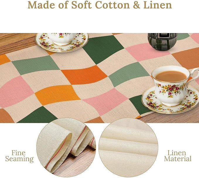 Hippie Table Runner, Vintage Geometric Square Orange Green Pink Grid 60s 70s Style Kitchen Dining Room Decor for Indoor Outdoor Wedding Party Table Runner 13x60 Inch