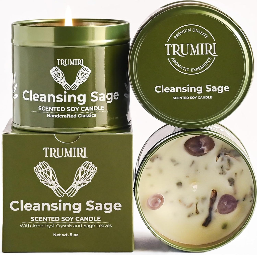 Sage Candle for Cleansing House Negative Energy Smudge Kit - 5oz Soy Wax Natural Clean Organic Non Toxic - Aromatherapy Spiritual Meditation Gifts - Long Lasting Highly Scented Candel with Crystals