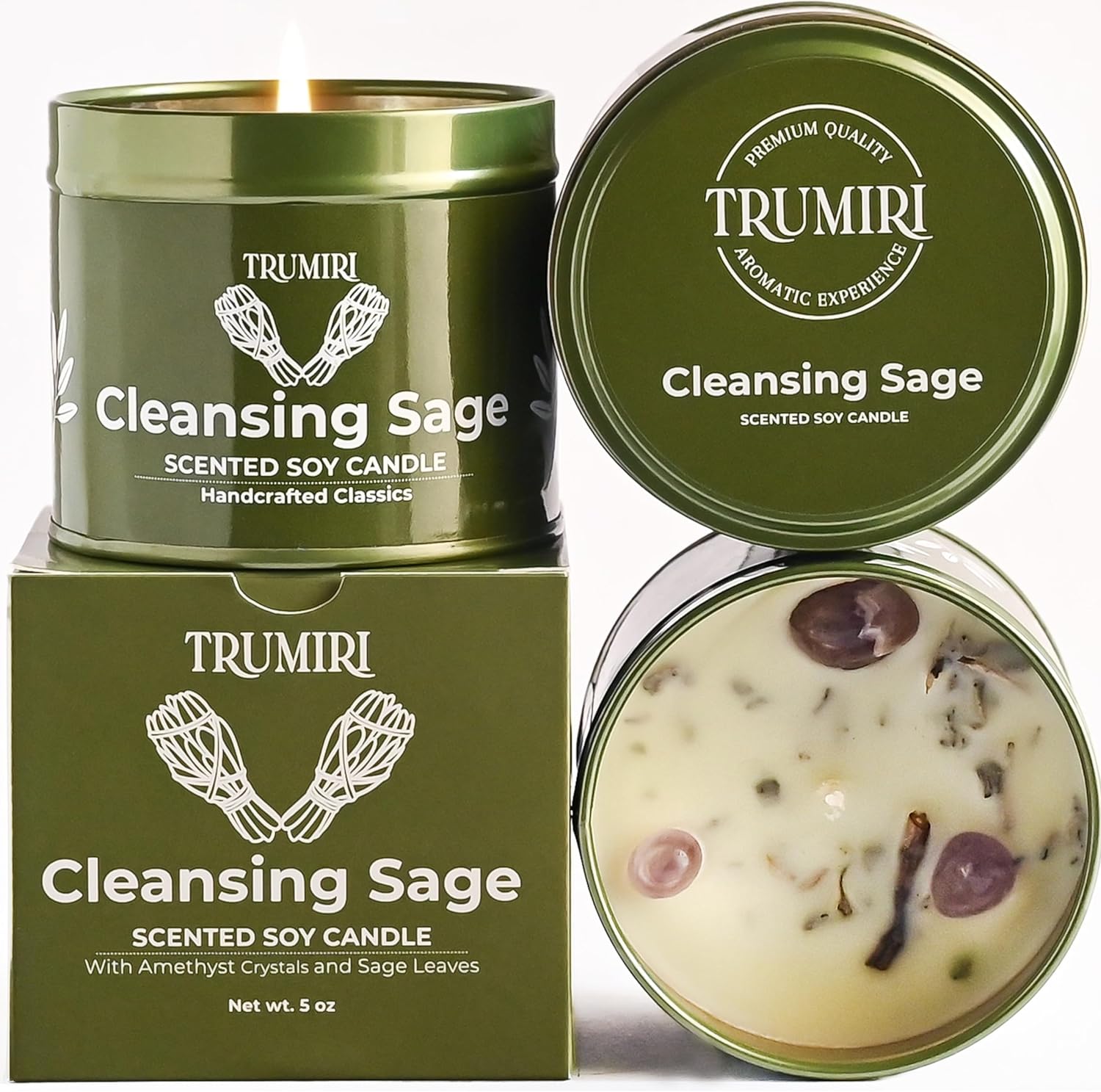Sage Candle for Cleansing House Negative Energy Smudge Kit - 5oz Soy Wax Natural Clean Organic Non Toxic - Aromatherapy Spiritual Meditation Gifts - Long Lasting Highly Scented Candel with Crystals