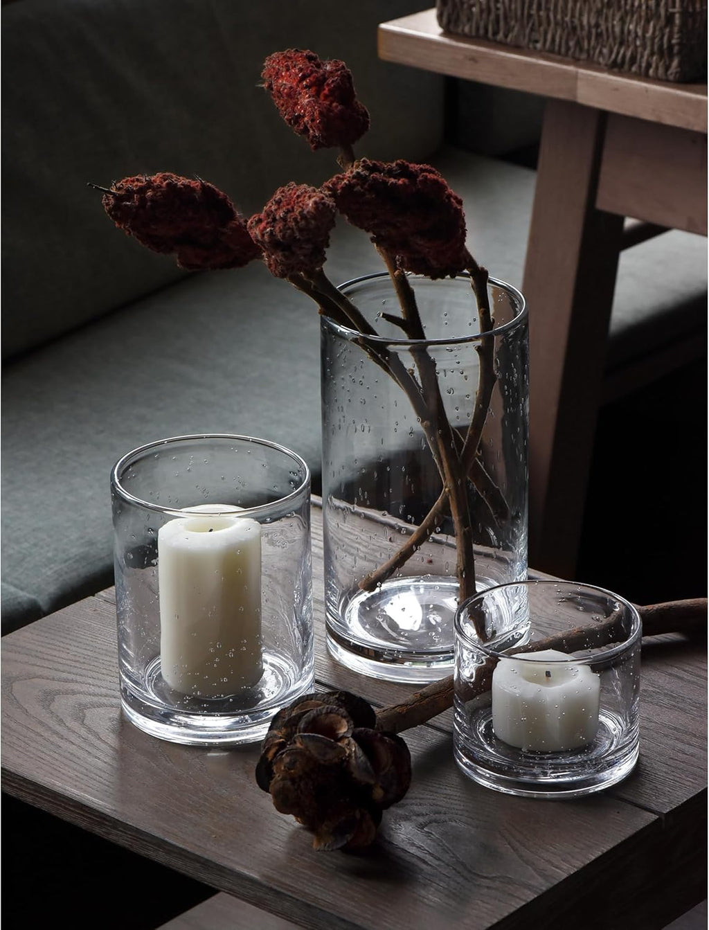 Hurricane Candle Holders Glass Cylinders Set of 3 (10" 7" 4") | Clear Seeded Bubbles, Cylinder Vases For Pillar Candles, Modern Rustic Table Centerpiece Decor