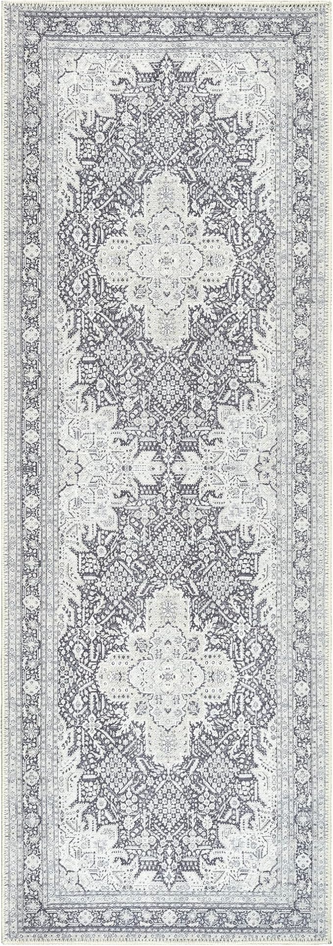 Bloom Rugs Washable Non-Slip 7 ft Runner - Charcoal Blue Traditional Medallion Runner for Entryway, Hallway, Bathroom, and Kitchen - Exact Size: 2.5' x 7'