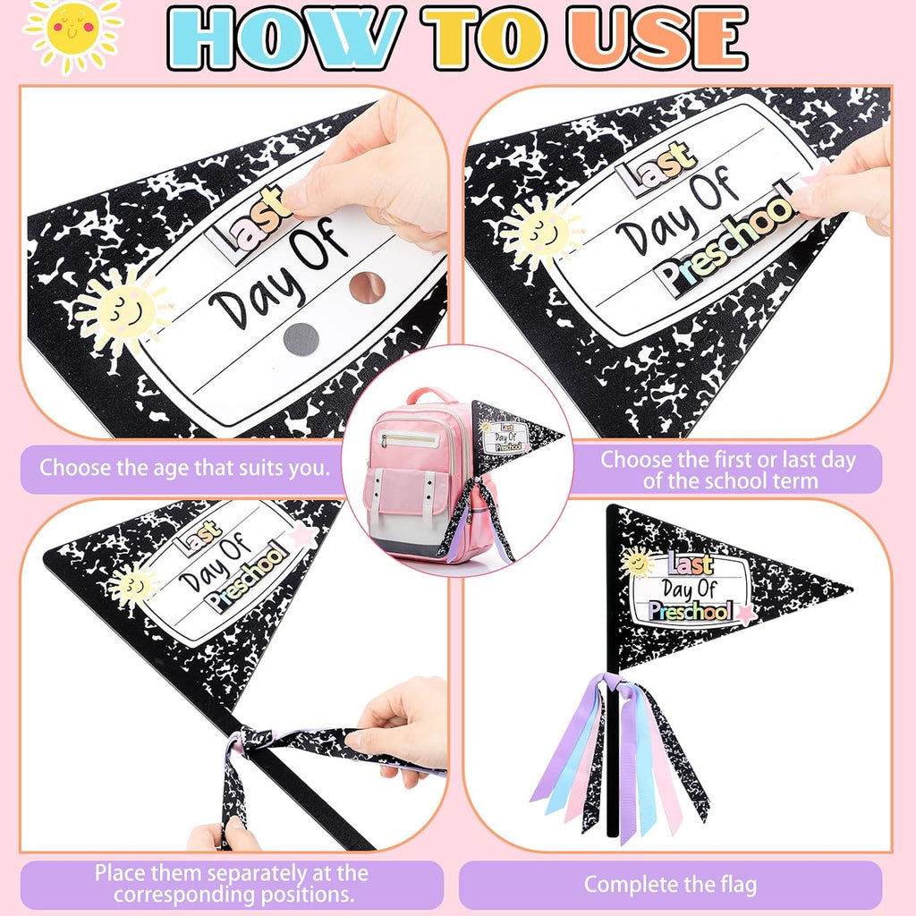 Hahafelt 23 Pcs Composition Book Style First & Last Day of School Wood Flag Kit with Ribbons and Reusable Pennants Signs 15 Grades Photo Prop for Preschool to College Welcome Classroom Decoration