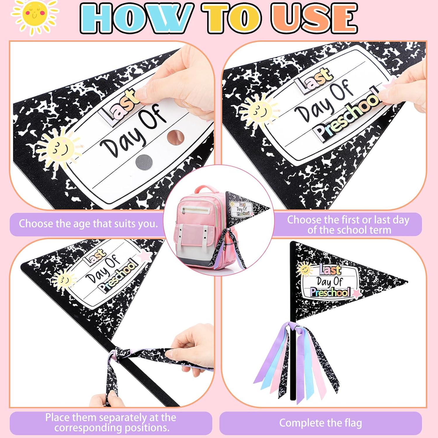 Hahafelt 23 Pcs Composition Book Style First & Last Day of School Wood Flag Kit with Ribbons and Reusable Pennants Signs 15 Grades Photo Prop for Preschool to College Welcome Classroom Decoration