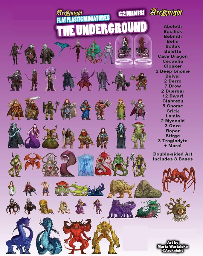 Arcknight Flat Plastic Miniatures: Underground; 62 Unique Subterranean-Themed Minis for DND 5e and Pathfinder; Affordable, Skinny Figurines for Dungeons and Dragons and Other Tabletop RPG Games