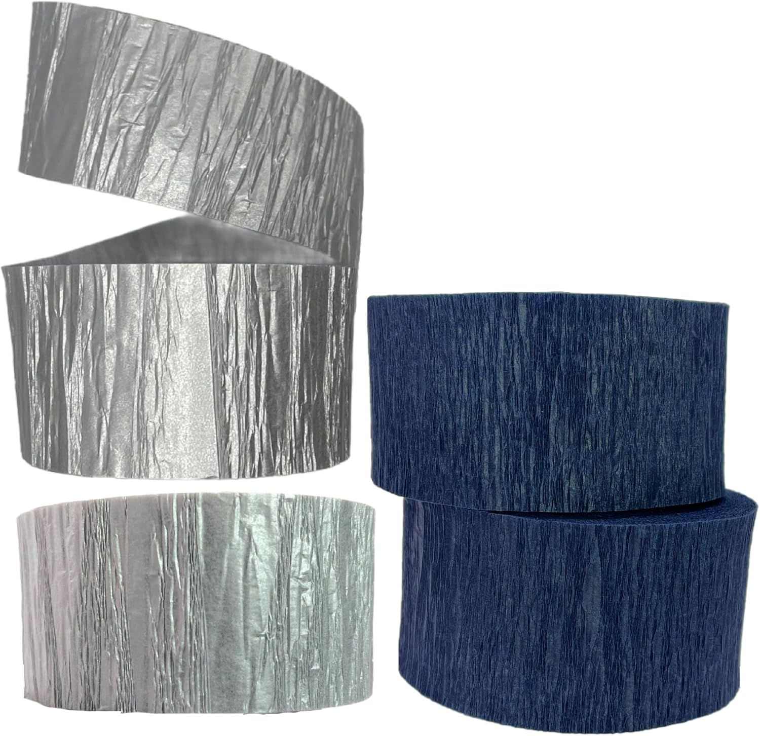 Navy Blue and Silver Metallic Crepe Paper Streamers, 4 Rolls Total