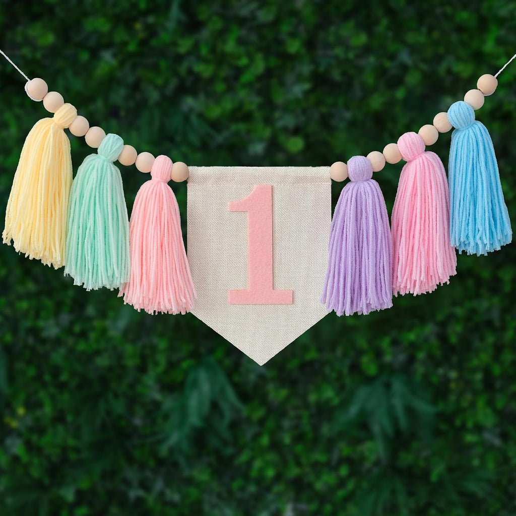 Pastel Macaron one high chair banner Handmade First Birthday High Chair Banner for 1st Baby Girls Fun To Be One Birthday Party Decorations Princess Photoshoot Props