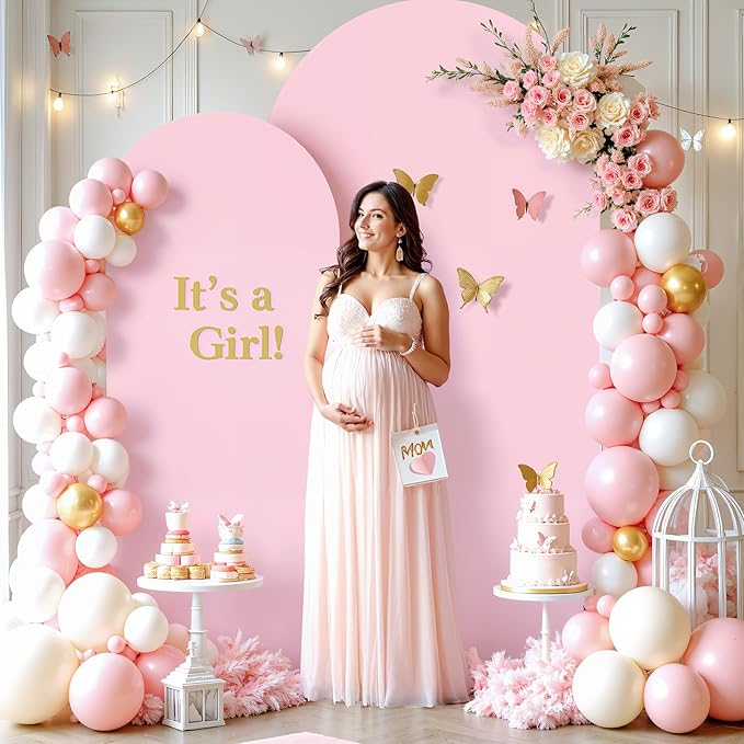 7.2FT 6FT Arch Backdrop Cover for Wedding, Set of 2 Stretchy Spandex Fitted Arch Stand Cover for Baby Shower, Birthday Party Decor, Chiara Backdrop Cover with Double-Sided Design(White, Pink)