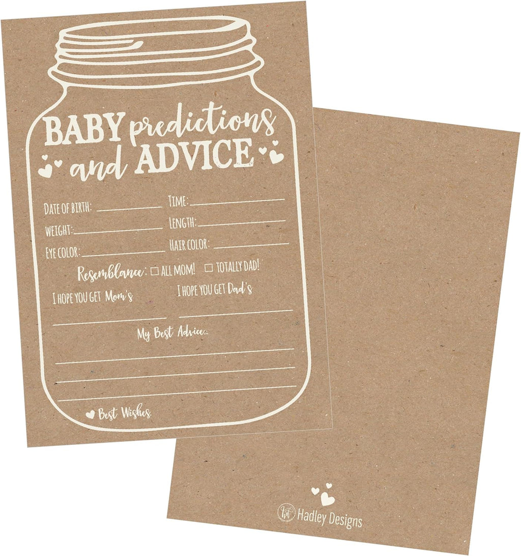 Hadley Designs Baby Shower Games for 25 Guests - Kraft Prediction Cards for Baby Shower Advice Cards for New Parents, Boy Girl Gender Neutral Mason Jar Gender Reveal Games, Made in USA