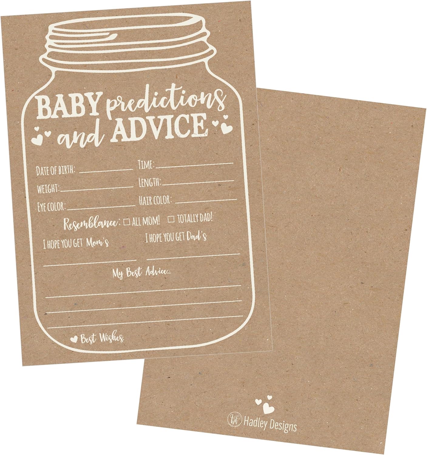 Hadley Designs Baby Shower Games for 25 Guests - Kraft Prediction Cards for Baby Shower Advice Cards for New Parents, Boy Girl Gender Neutral Mason Jar Gender Reveal Games, Made in USA