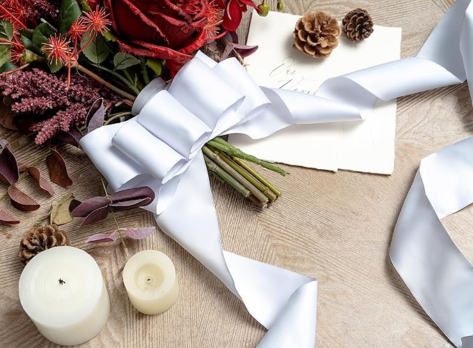 White Satin Ribbon Double-Faced Wired Ribbons for Gift Wrapping Flower Bouquet Bows Wedding Invitation Christmas Decor Crafts 2-1/2 Inch 10 Yards