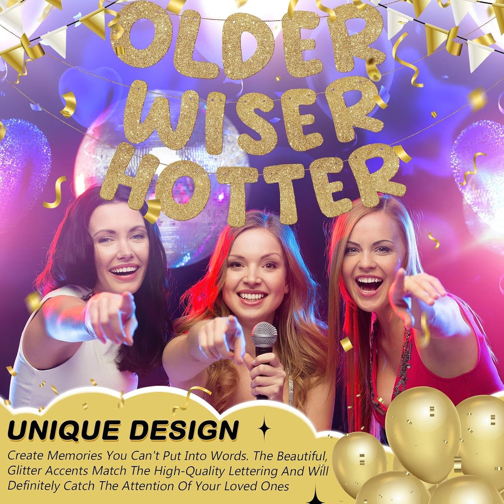 Fulmoon Set of 3 Pre Strung Older Wiser Hotter Glitter Banner Funny Birthday Banner for Women 30th 40th 50th 60th 70th 80th Birthday Party Decorations Sign Gift(Champaign Gold)