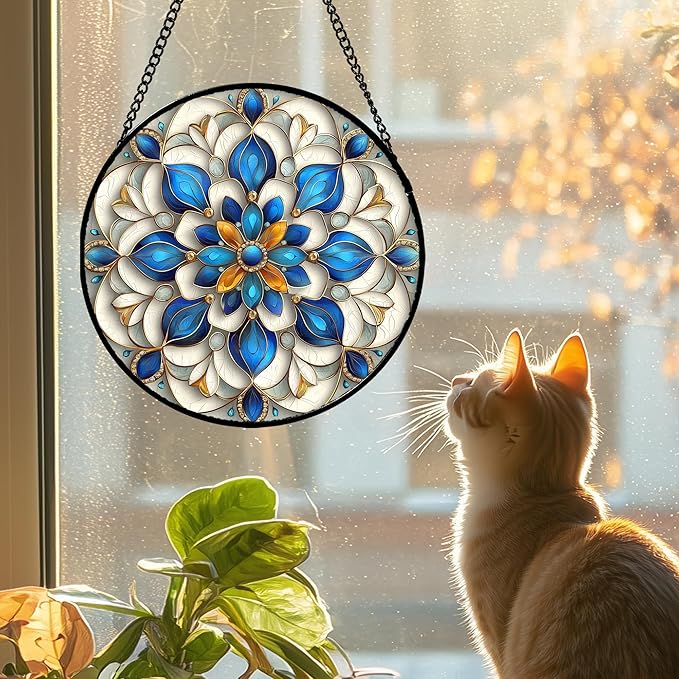 Stained Glass Window Hanging - Blue and White Abstract Flowers Suncatcher for Door Terrace Garden Home Decor, Gold Sun Catcher Birthday Gifts for Lovers Women Men Dad Mom Nana 7.8 in