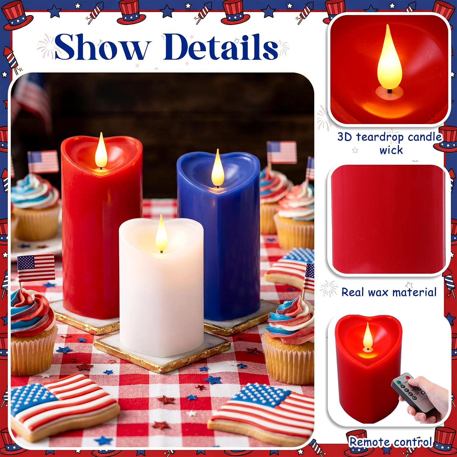 Retisee 3 PCS 4th of July Pillar Candle - 4" 5" 6" LED Battery Operated Flameless Candle with Remote for Independence Day Home Party Decoration Gift