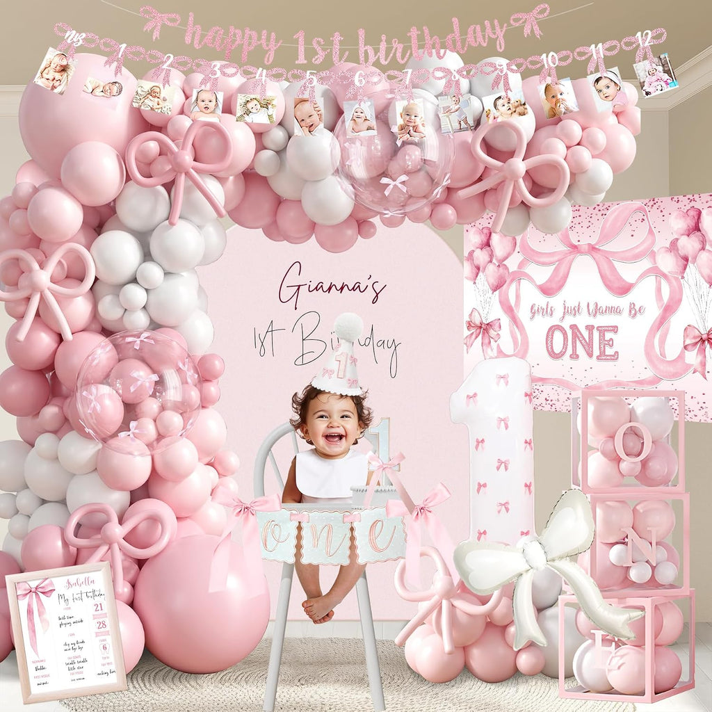 pink bow 1st birthday decorations, first birthday party, close-up detail