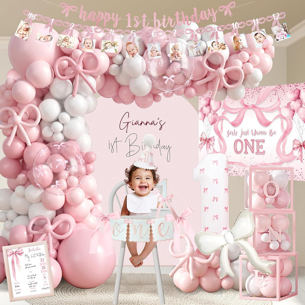pink bow 1st birthday decorations, first birthday party, close-up detail
