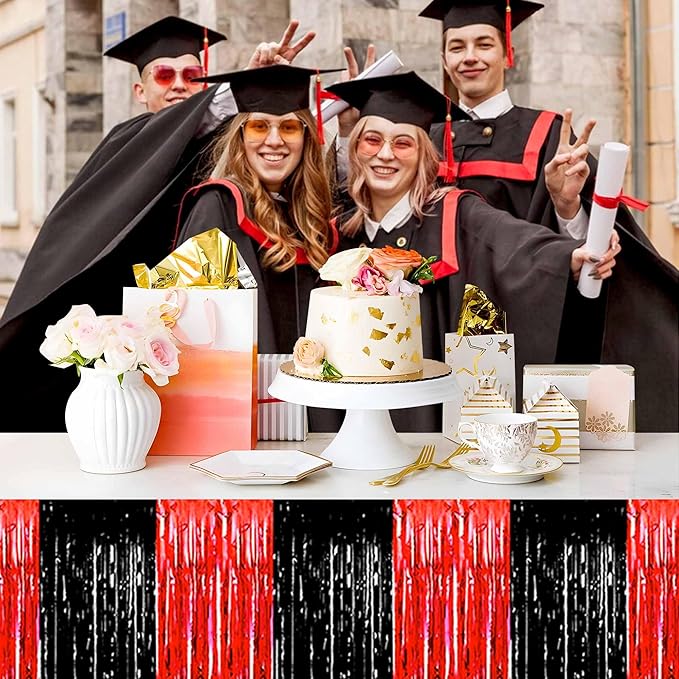 3 Pack 29 x108 Inch Black and Red Foil Fringe Table Skirts Metallic Banner for Tinsel Streamer Garland Backdrop for Parade Floats Mother's Day, Graduate, Birthday, Wedding Party Decoration
