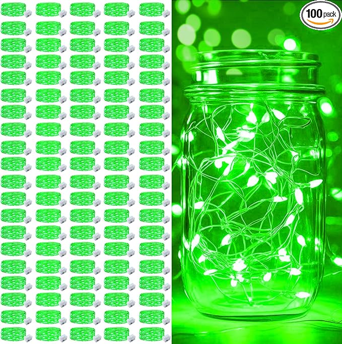 pozzolanas 100 Pack Green Battery Operated String Lights - 7ft Waterproof Firefly Lights with 20 LEDs for Home, Mason Jar, Party, Wedding, Halloween, Christmas Decorations