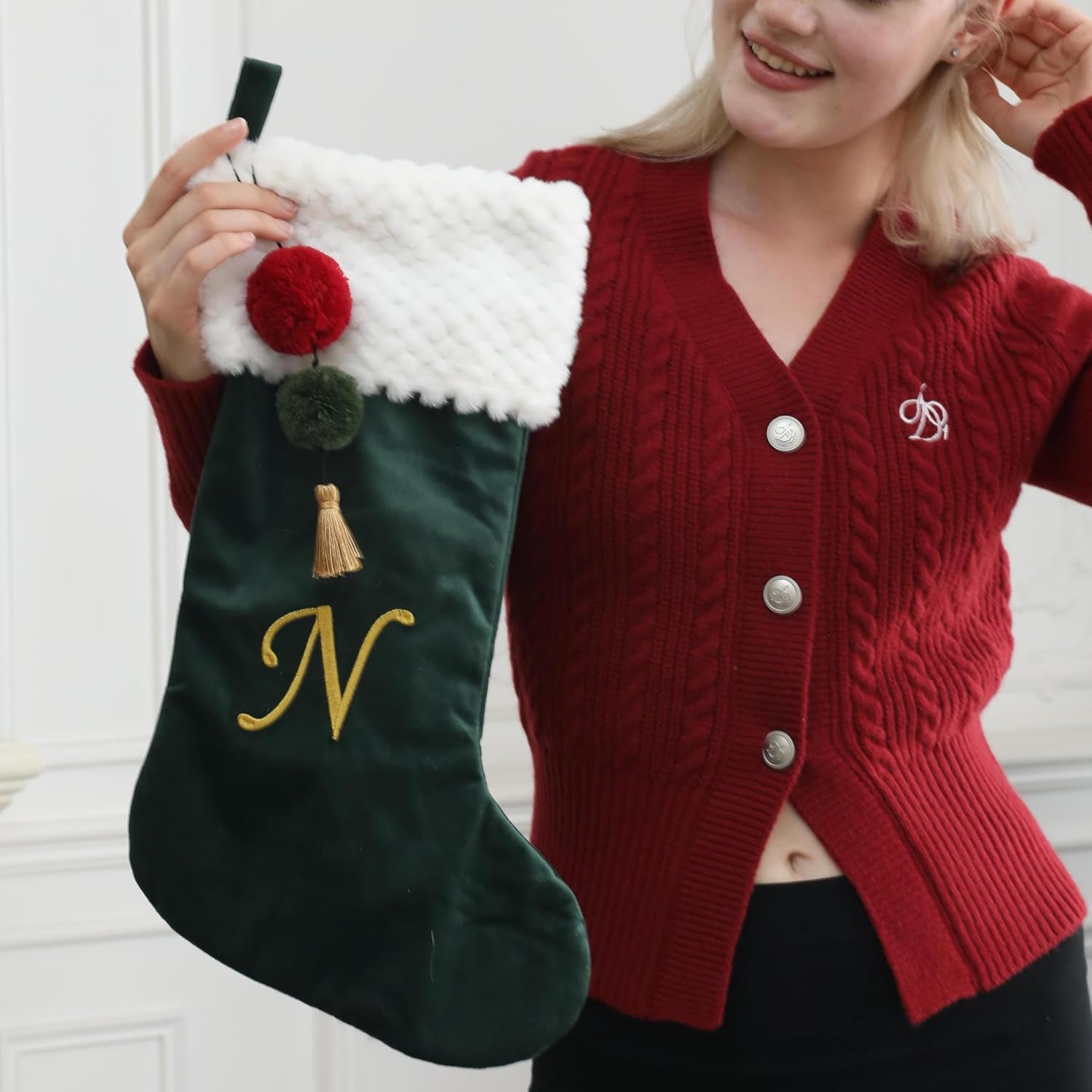 19.5 inches Personalized Velvet Christmas Stocking,Initials Embroidered Letter Christmas Stocking with pom poms, for Fireplace Hanging Decor and Xmas Gift(Green M)