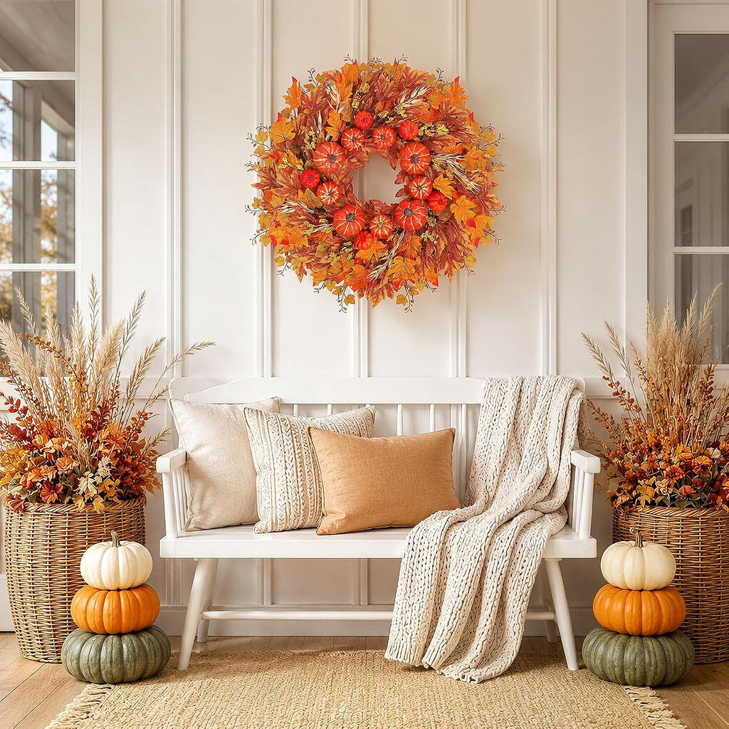 28 inch fall wreath for front door, pumpkins showing dimensions