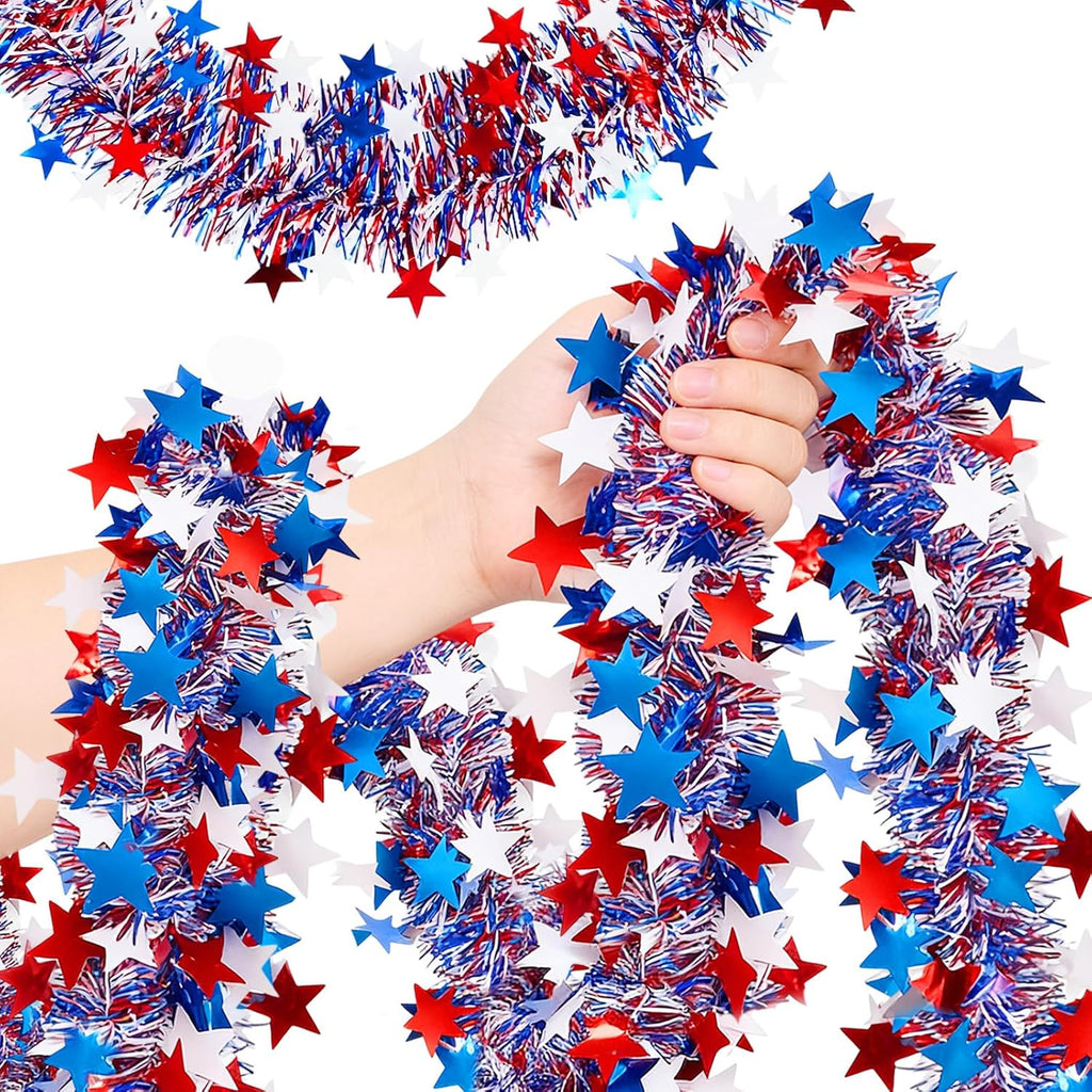 50 Ft Patriotic Glitter Tinsel Garland Decoration,4th of July Garland Decor for Car Tree Golf Cart Parade Float Bike,Independence Day Memorial Day Home Holiday Party Decor,Red White Blue