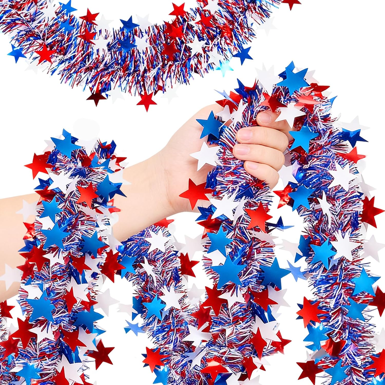50 Ft Patriotic Glitter Tinsel Garland Decoration,4th of July Garland Decor for Car Tree Golf Cart Parade Float Bike,Independence Day Memorial Day Home Holiday Party Decor,Red White Blue