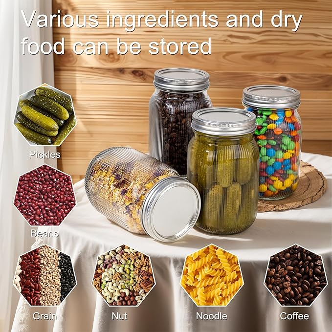 MirthMood 32 OZ Wide Mouth Mason Jars, 6 PACK Glass Mason Jars with airtight Lids, Quart mason jars wide mouth for Fermenting, Pickling, Freezing, Preserving, Meal Prep, Jar Décor