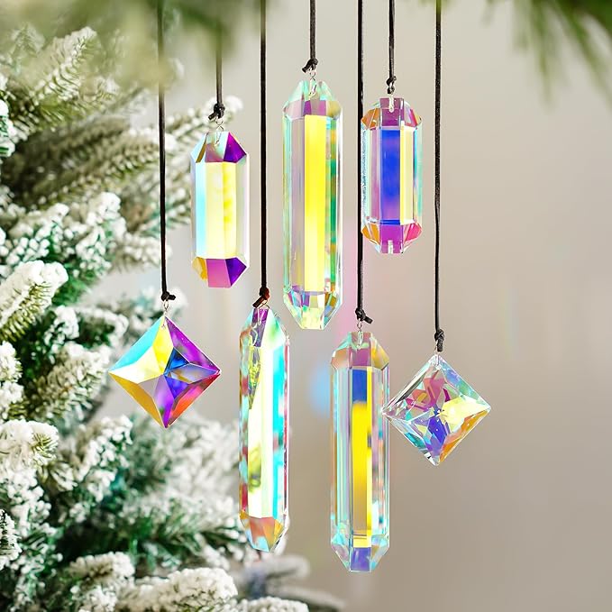 HDCRYSTALGIFTS Set 7 Crystal Sun Catcher Prisms, AB Colored Suncatcher Crystals Indoor Window Hanging Christmas Ornaments Rainbow Maker Prisms for Home Garden Decor