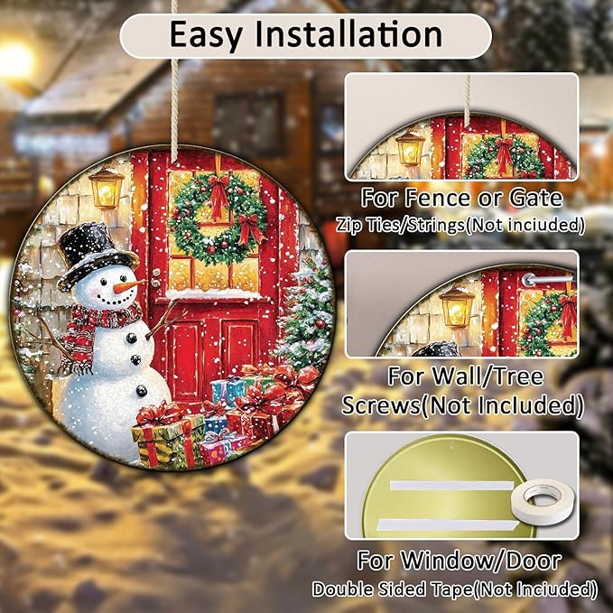 Round Wall Decor Christmas Metal Tin Sign Snowman Sign Rustic Wall Decor Wall Plaque Snowman Wreath Sign for Christmas Round Wreath Wall Decor Vintage Garage Yard Home Decor 12 * 12 in