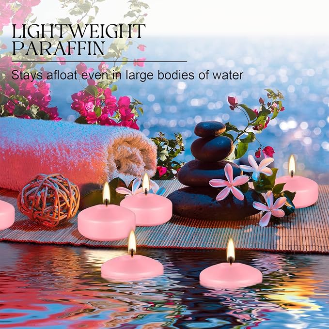 12 pcs 2-inch Floating Candles, Pink, smokeless and unscented, Burns continuously for 5-6 Hours, be Good for Holidays, Weddings, Vacations, and Home décor
