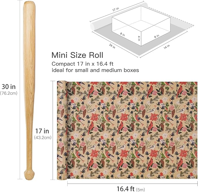 RUSPEPA Kraft Christmas Wrapping Paper Roll, Mini Roll, Watercolor Bird and Botanical Design with Flowers & Pinecones, Kraft Gift Wrap for Women, Friends, Holiday, Winter Party, 17 Inches x 16.4 Feet