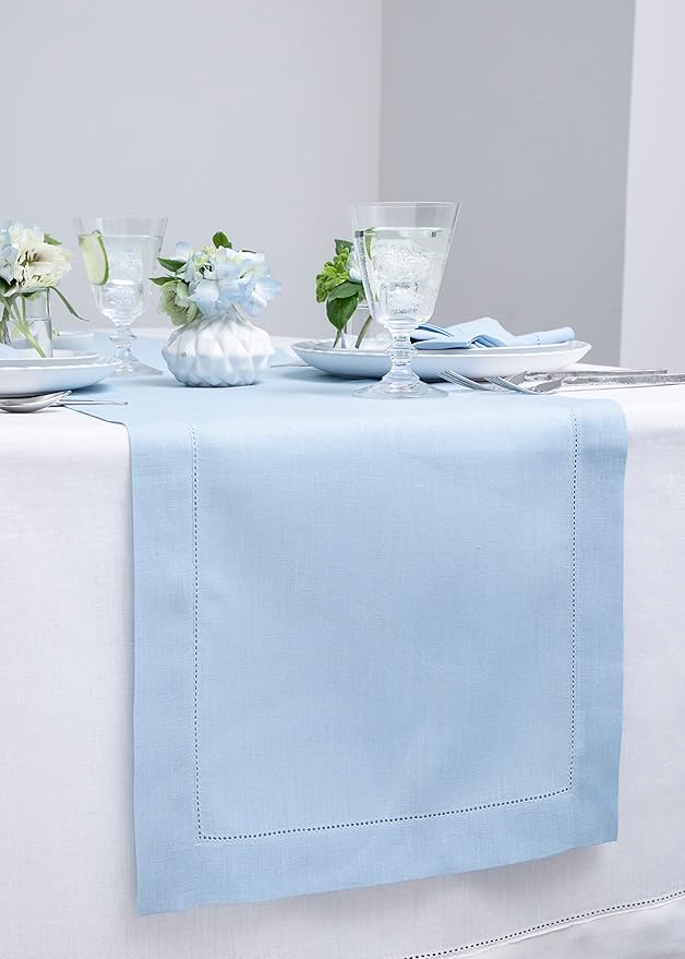 Solino Home Linen Sky Blue Table Runner 144 Inches Long - 100% Pure Linen Extra Long Table Runner 14 x 144 Inch for Christmas- Classic Hemstitch