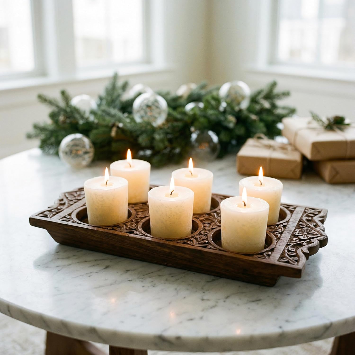 Aroma Naturals Votive Candles with Orange Clove and Cinnamon Essential Oil White Scented, Peace Pearl, 5.5x3.75x2 Inch (Pack of 6)