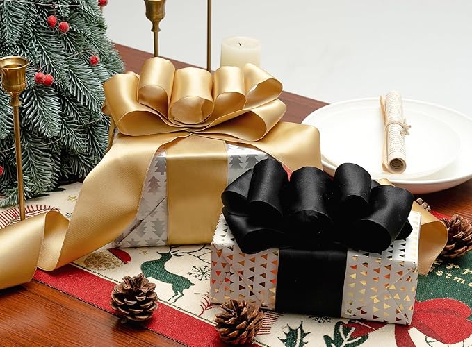Black Satin Ribbon Double-Faced Wired Ribbons for Gift Wrapping Flower Bouquet Bows Wedding Invitation Christmas Decor Crafts 2-1/2 Inch 10 Yards