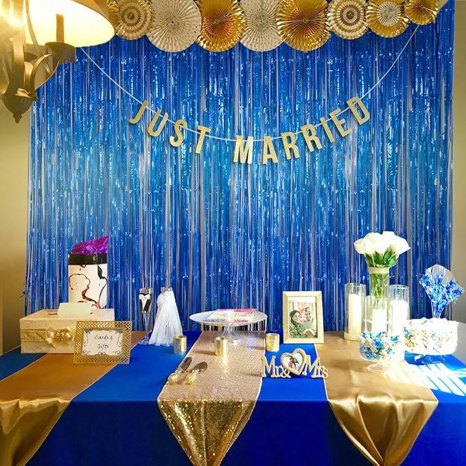 Foil Fringe Curtains Party Decorations - Melsan 3 Pack 3.2 x 8.2 ft Tinsel Curtain Party Photo Backdrop for Independence Day Decorations Birthday Party Baby Shower or Graduation Navy