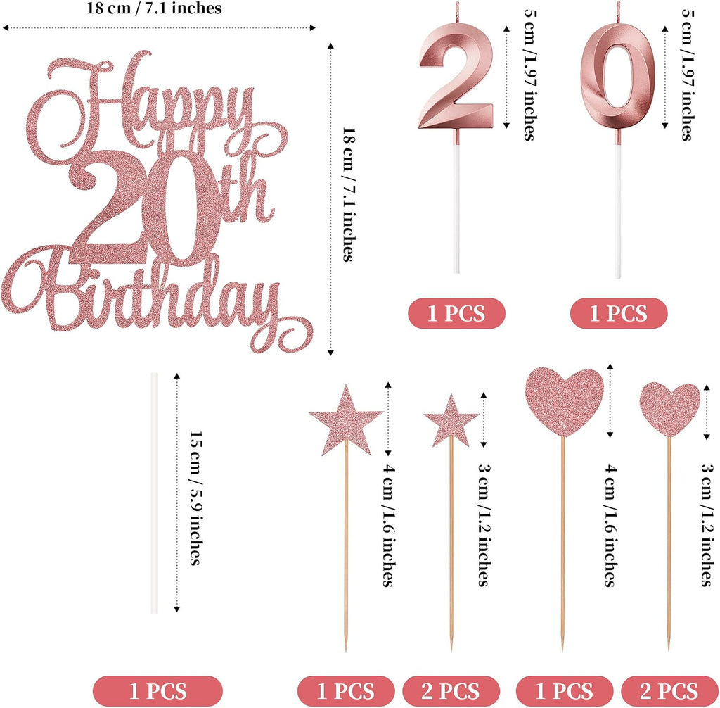20th Birthday Cake Decorations, 20th Birthday Candles Cake Numeral Candles and Glitter Happy 20th Birthday Cake Toppers Set for Birthday Party Supplies (Rose Gold)