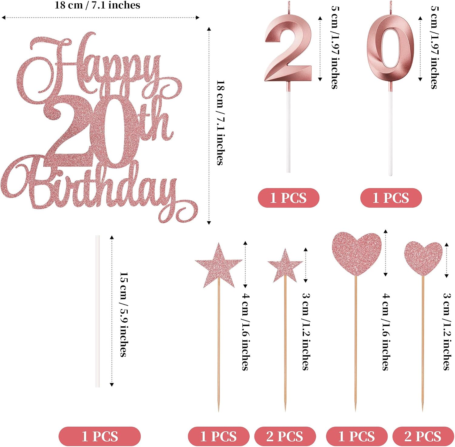 20th Birthday Cake Decorations, 20th Birthday Candles Cake Numeral Candles and Glitter Happy 20th Birthday Cake Toppers Set for Birthday Party Supplies (Rose Gold)